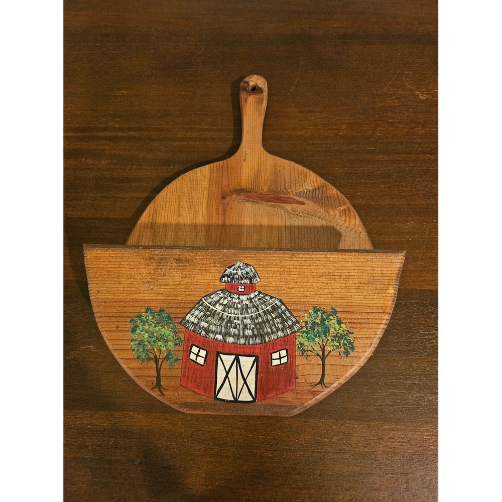 Wooden Wall Pocket Mail Paper Plate Holder Brown Red Barn Folk Art Hand Painted